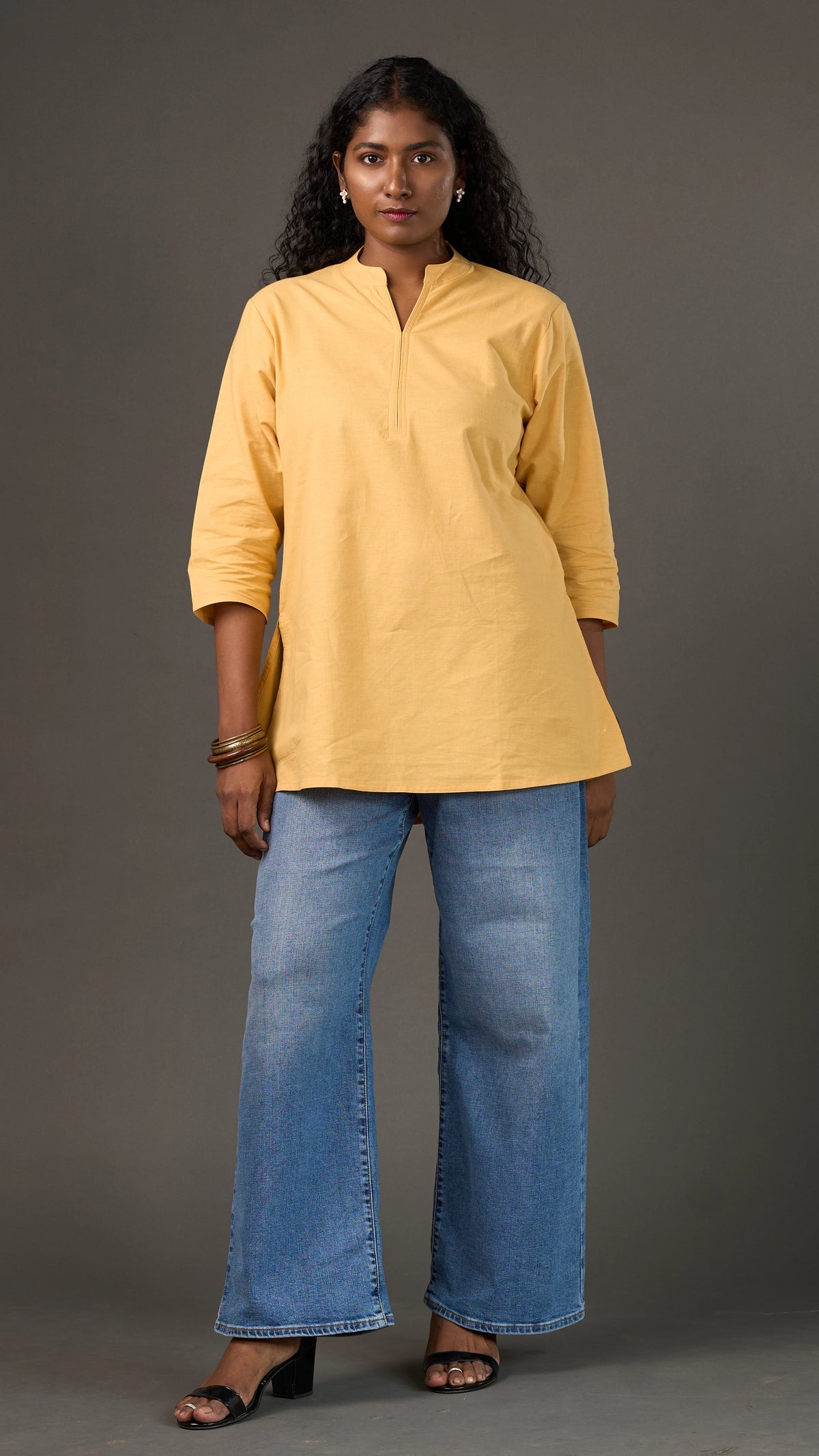 KANSO | Yellow Cotton Linen Mandarin Collar Regular Fit Tunic