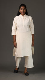 KANSO | White Cotton Linen Mandarin Collar long Kurta