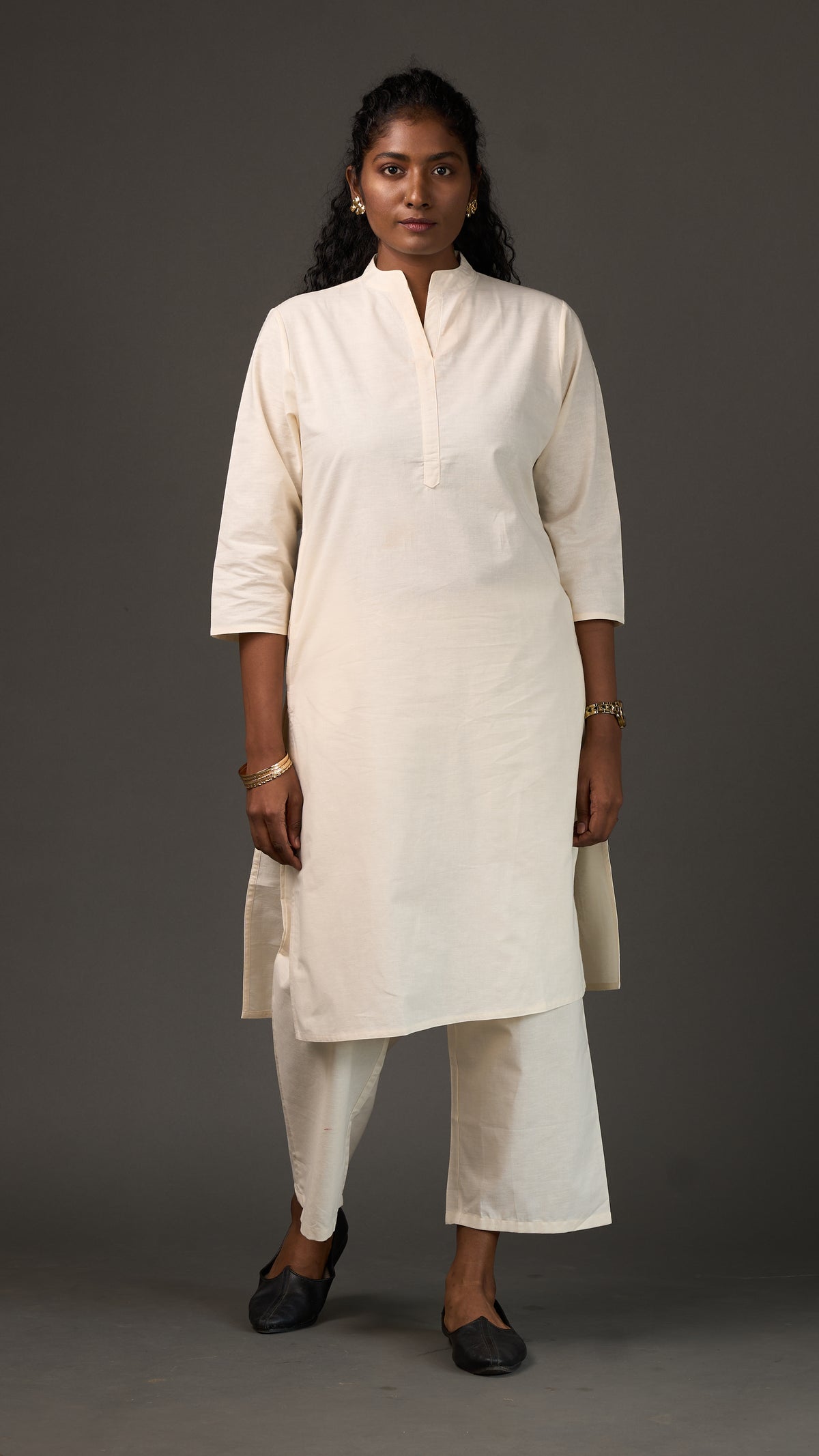 KANSO | White Cotton Linen Mandarin Collar long Kurta