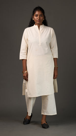 KANSO | White Cotton Linen Mandarin Collar long Kurta