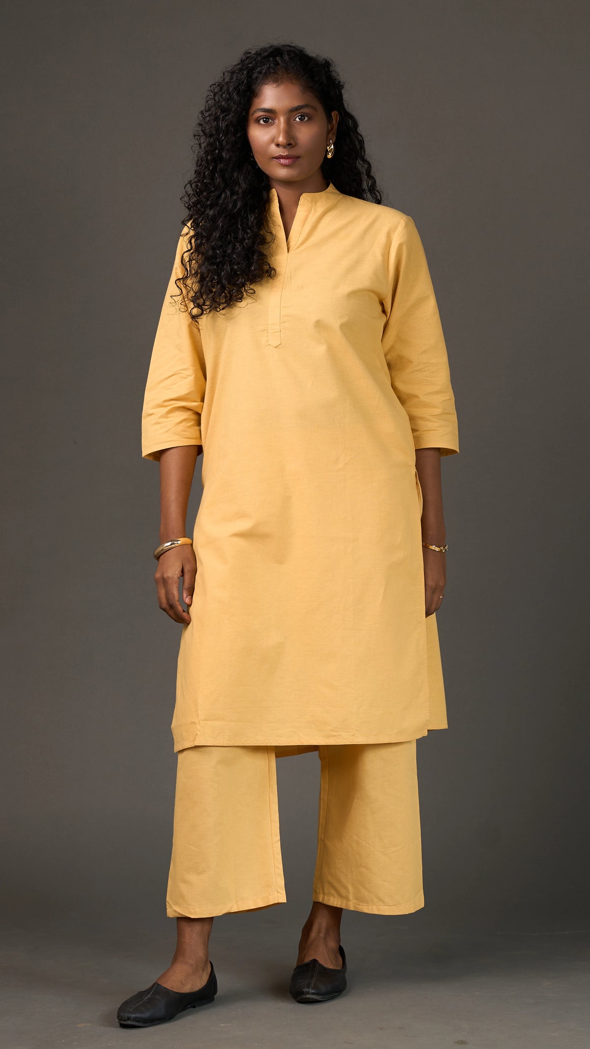 KANSO | Yellow Cotton Linen Mandarin Collar long Kurta