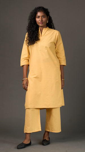 KANSO | Yellow Cotton Linen Mandarin Collar long Kurta