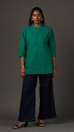KANSO | Green Cotton Linen Mandarin Collar Regular Fit Tunic