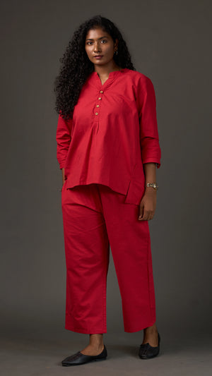 KANSO | Red Cotton Linen Mandarin Collar Tunic with Wooden Buttons