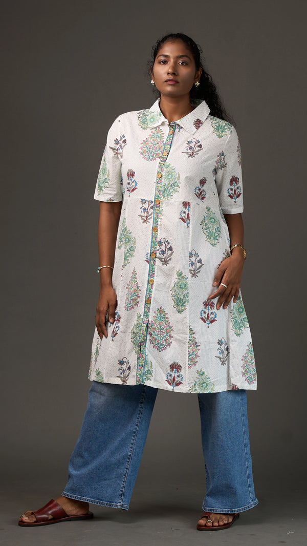 SANGANERI | Ivory Aqua striped Floral Cotton Shirt Dress