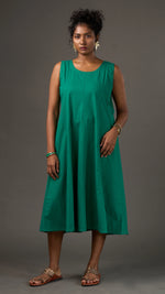KANSO | Green Sleeveless Cotton Linen A-Line Midi Dress