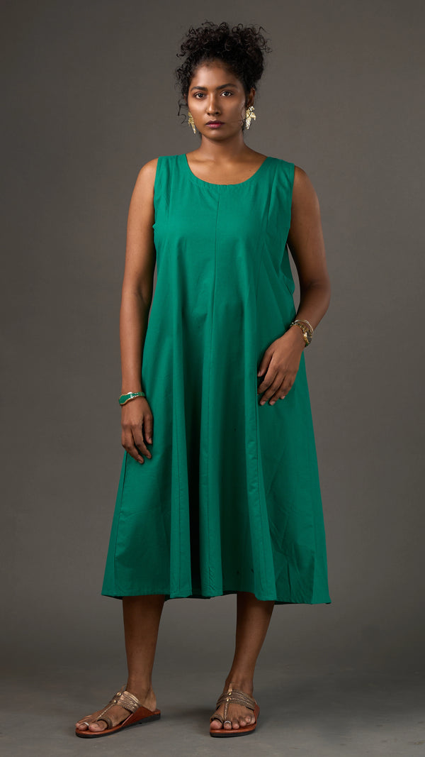KANSO | Green Sleeveless Cotton Linen A-Line Midi Dress
