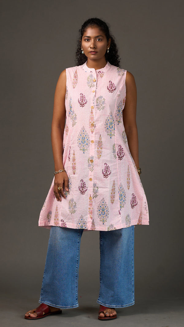 SANGANERI | Ivory Rose striped Floral Cotton sleeveless Shirt Dress
