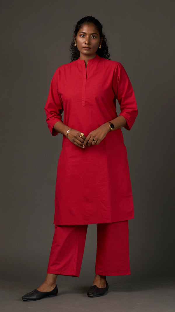 KANSO | Red Cotton Linen Mandarin Collar long Kurta
