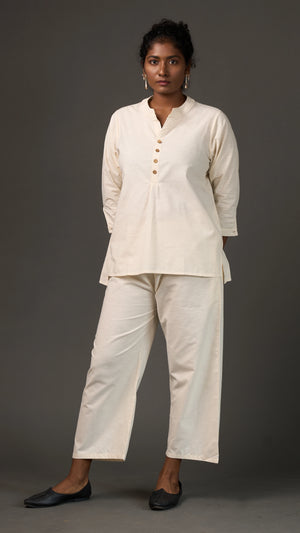 KANSO | White Cotton Linen Mandarin Collar Tunic with Wooden Buttons