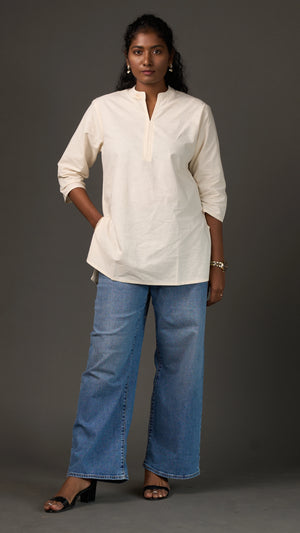 KANSO | White Cotton Linen Mandarin Collar Regular Fit Tunic