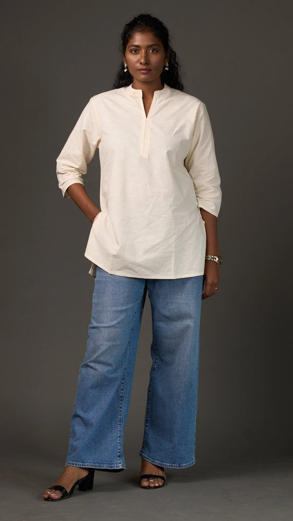 KANSO | White Cotton Linen Mandarin Collar Regular Fit Tunic