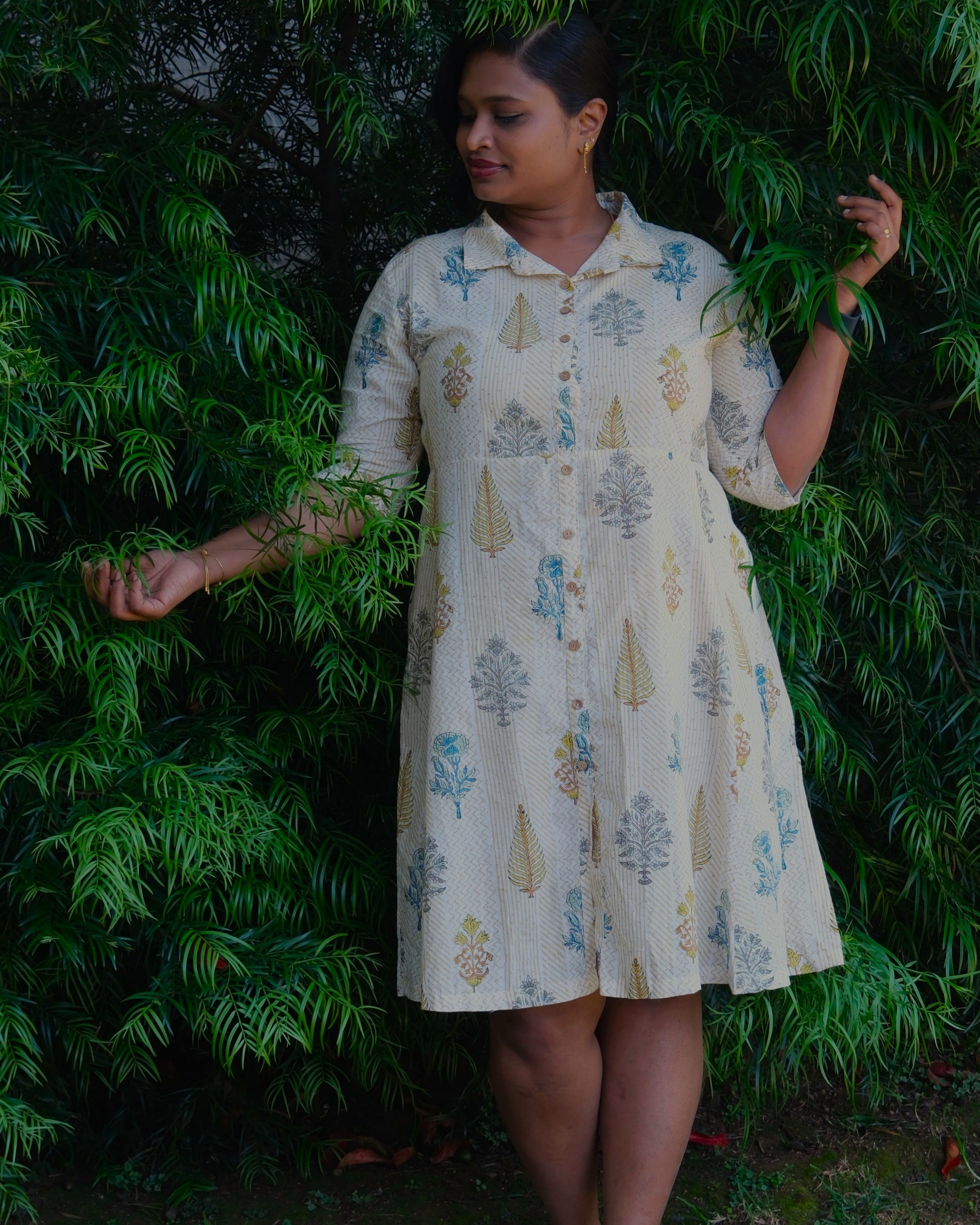 Sanganeri Hand Block Print A-Line Shirt Dress — Mustard Stripe | 100% Premium Cotton