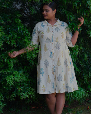 Sanganeri Hand Block Print A-Line Shirt Dress — Mustard Stripe | 100% Premium Cotton