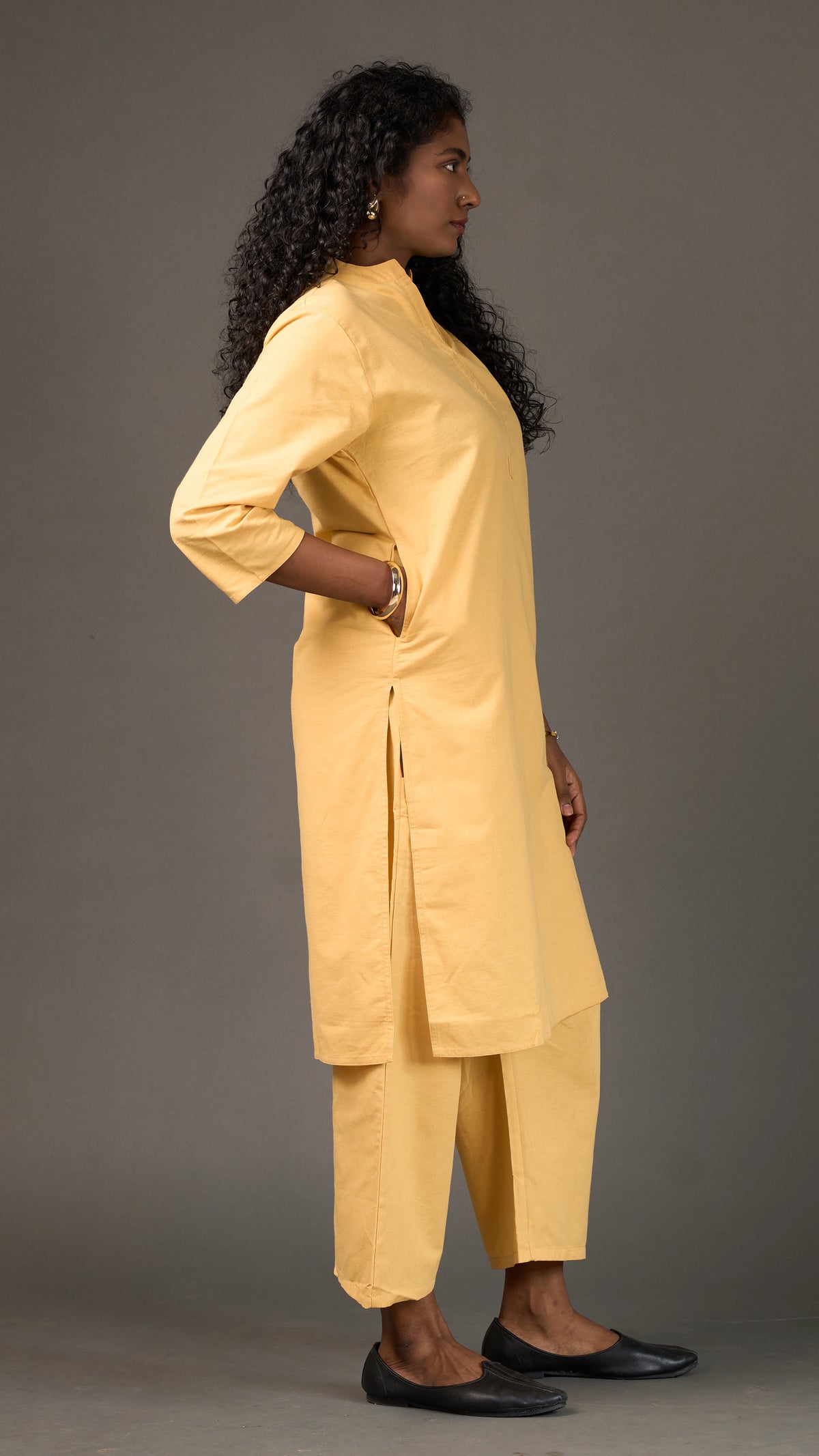 KANSO | Yellow Cotton Linen Mandarin Collar long Kurta