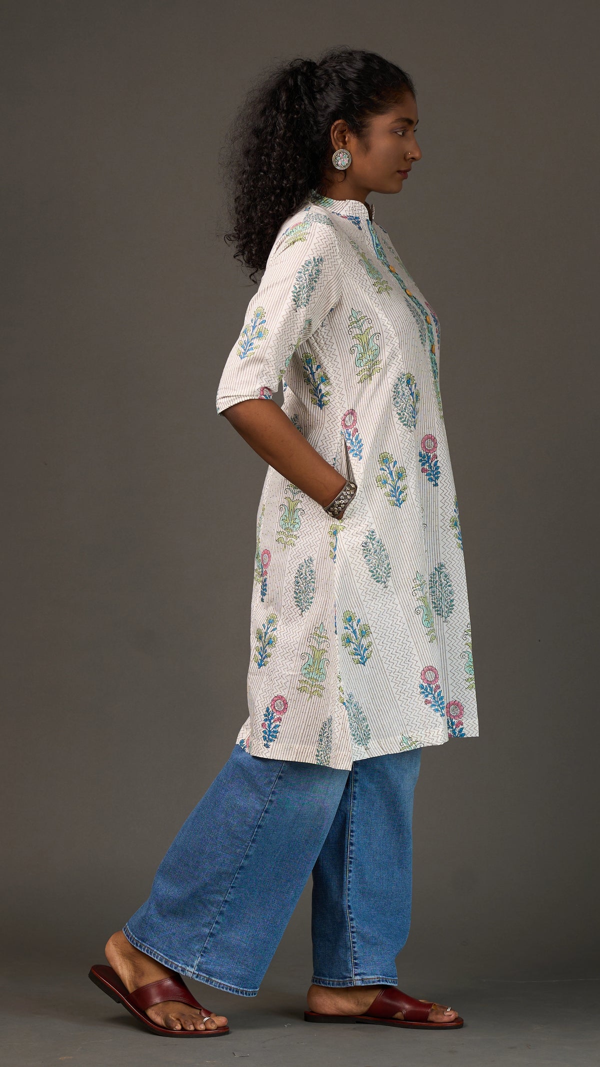 SANGANERI | Ivory Ash striped Floral Cotton Shirt Dress