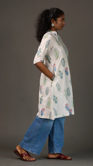 SANGANERI | Ivory Ash striped Floral Cotton Shirt Dress