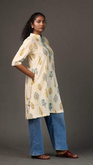 SANGANERI | Ivory Yellow striped Floral Cotton Tunic Dress