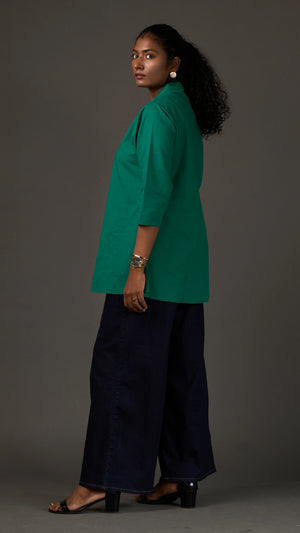 KANSO | Green Cotton Linen Mandarin Collar Regular Fit Tunic