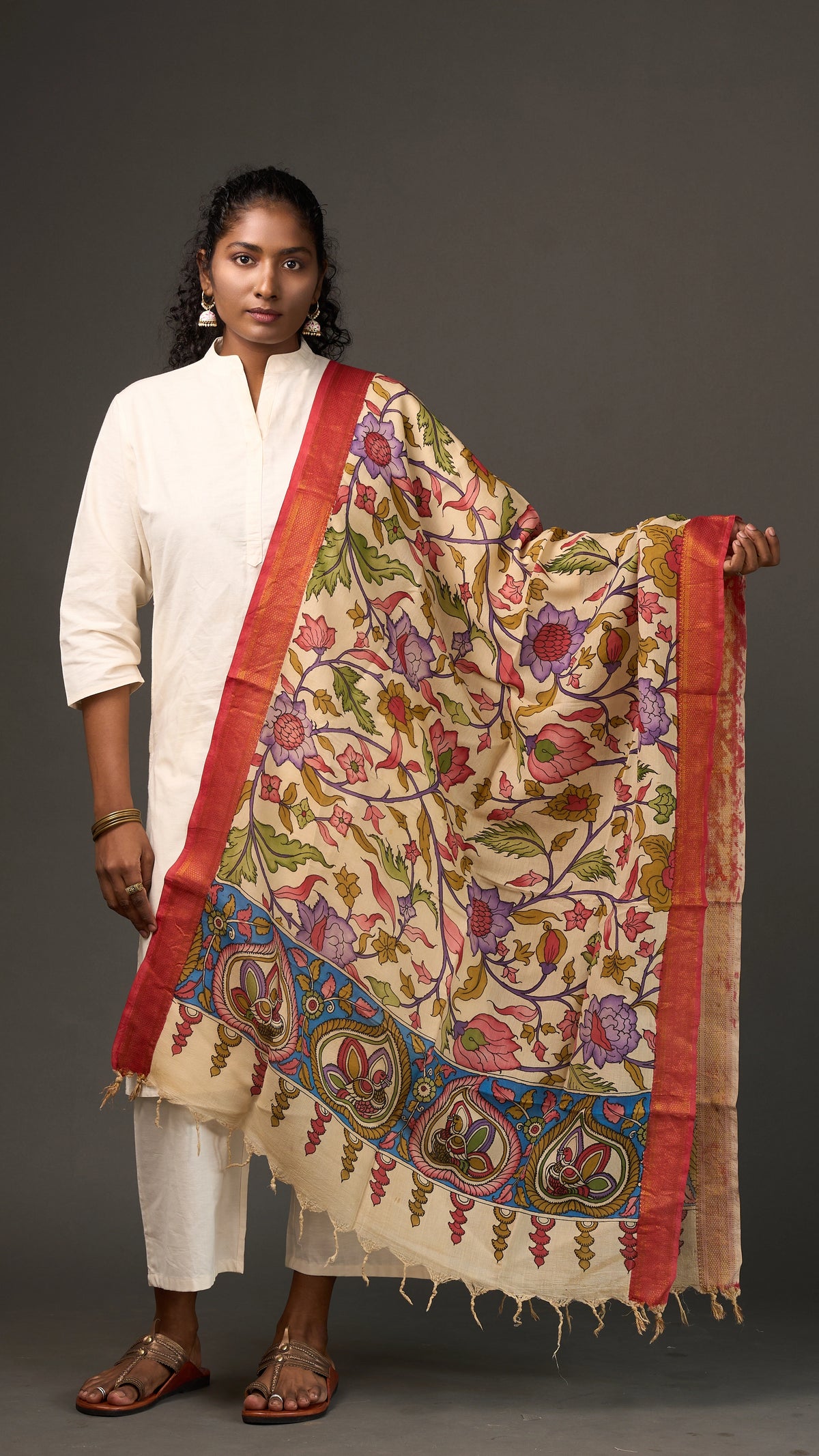 KALAMKARI | Collector's edition Ivory floral vine Shawl-Handcrafted