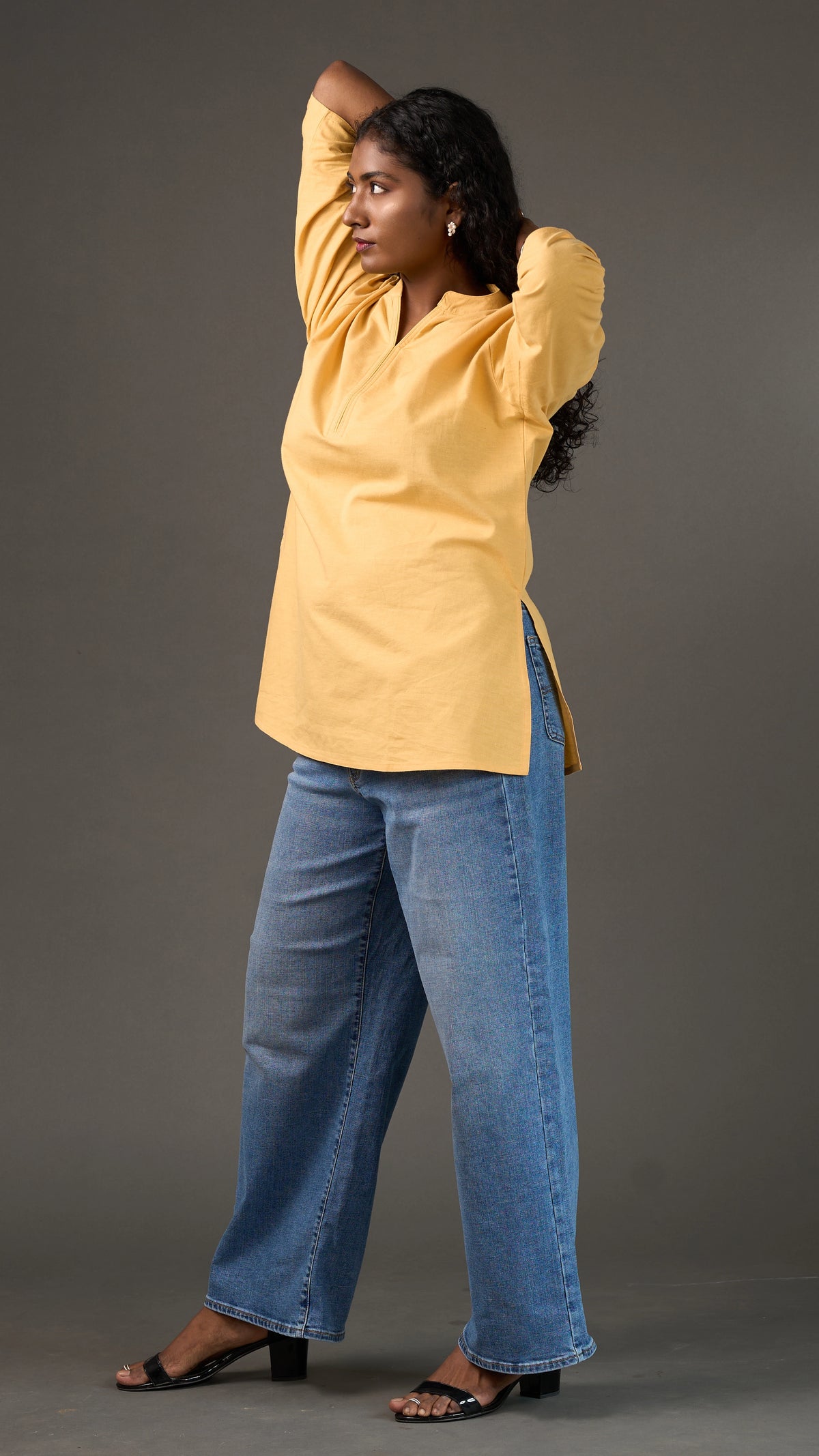 KANSO | Yellow Cotton Linen Mandarin Collar Regular Fit Tunic