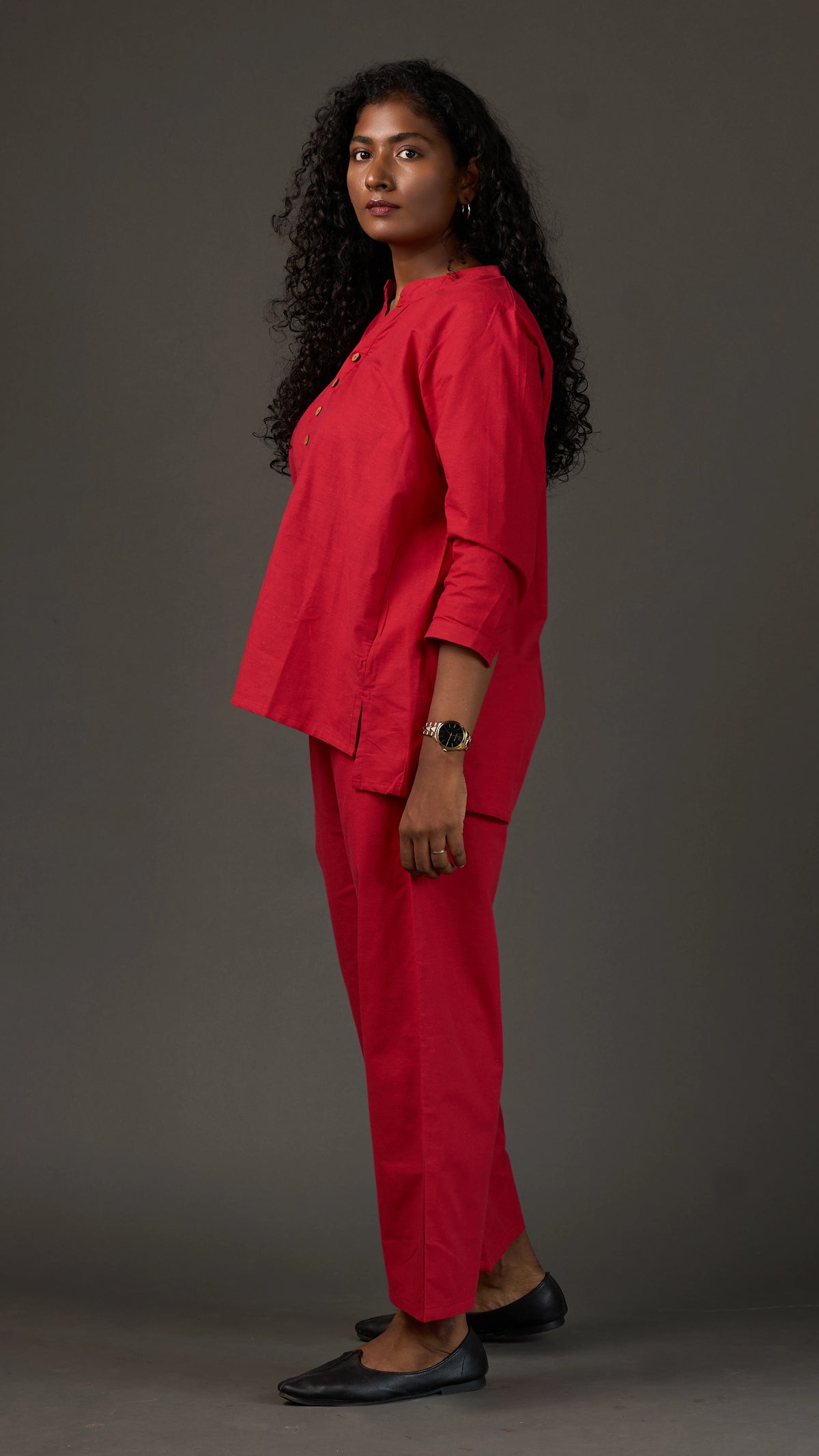 KANSO | Red Cotton Linen Mandarin Collar Tunic with Wooden Buttons