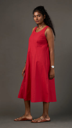 KANSO | Red Sleeveless Cotton Linen A-Line Midi Dress