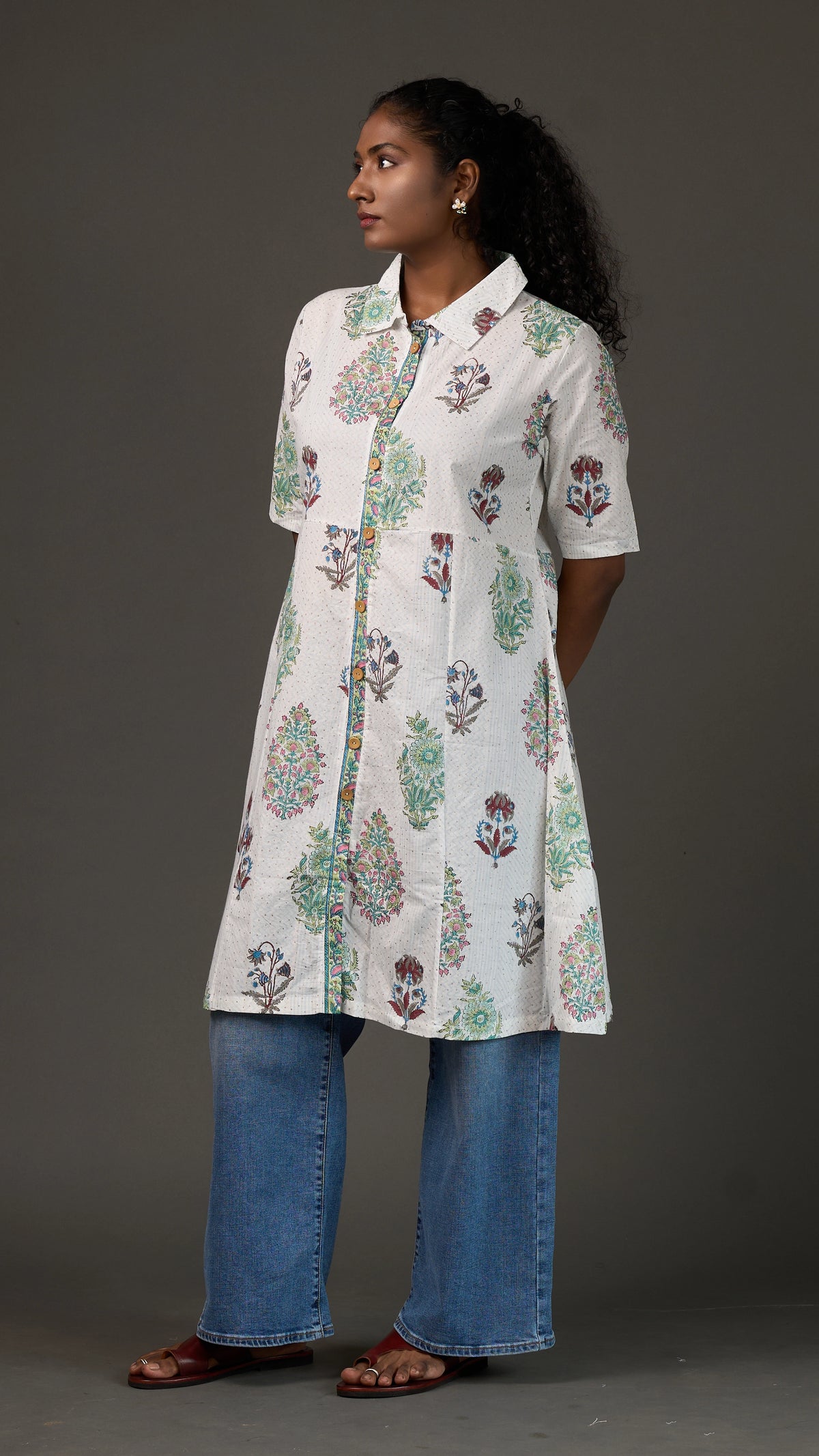SANGANERI | Ivory Aqua striped Floral Cotton Shirt Dress