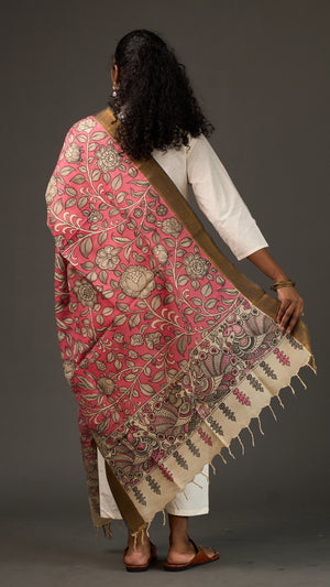 KALAMKARI | Collector's edition Rose' Pink floral Shawl-Handcrafted