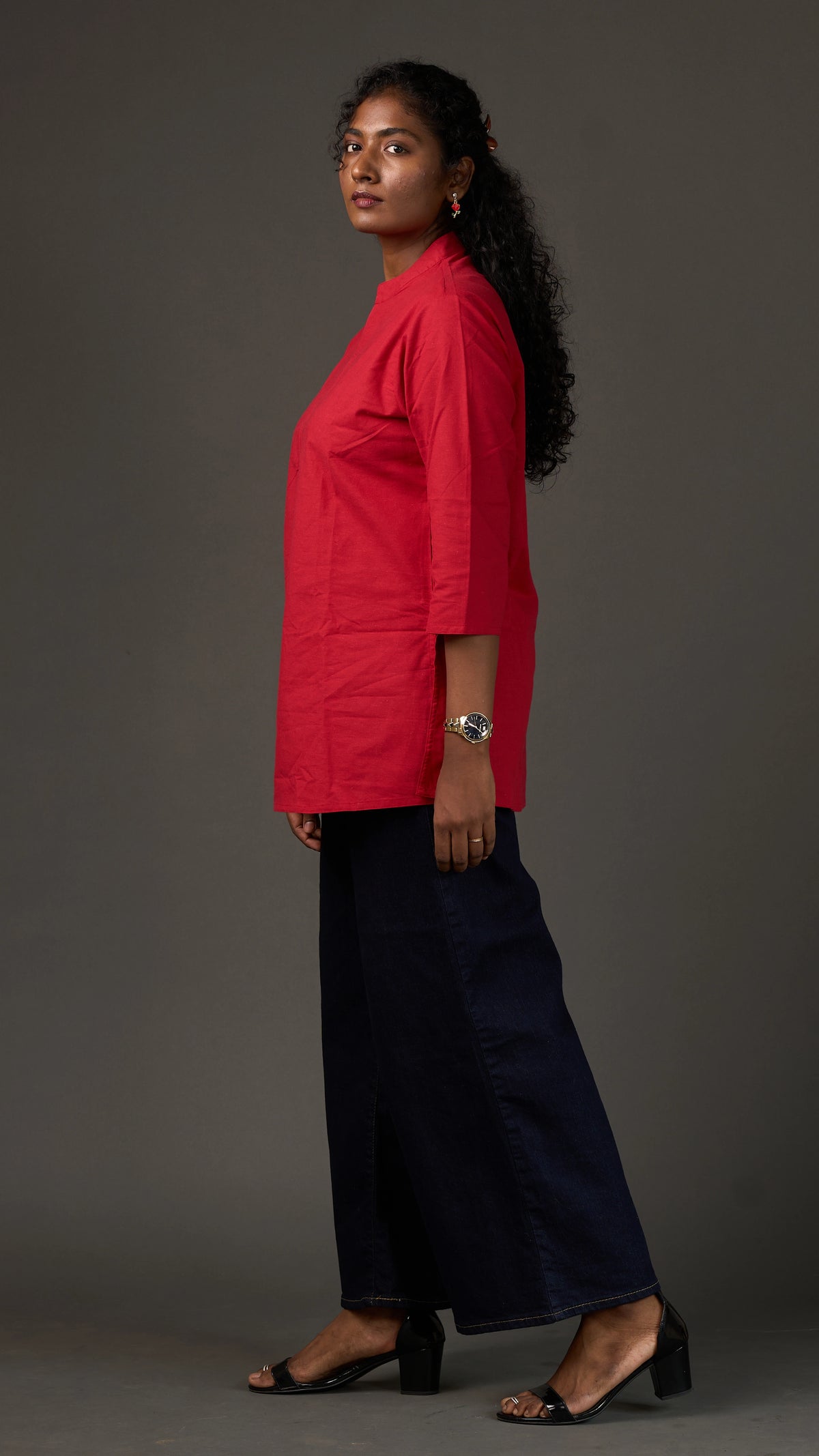 KANSO | Red Cotton Linen Mandarin Collar Regular Fit Tunic
