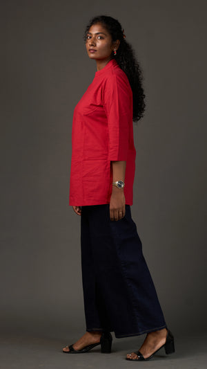 KANSO | Red Cotton Linen Mandarin Collar Regular Fit Tunic