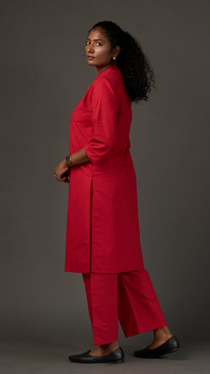 KANSO | Red Cotton Linen Mandarin Collar long Kurta