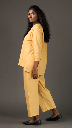 KANSO | Yellow Cotton Linen Mandarin Collar Tunic with Wooden Buttons