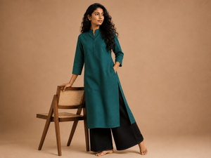 KANSO Women's Cotton Linen Long Kurta | Mandarin Collar Straight Fit Kurta with Pocket