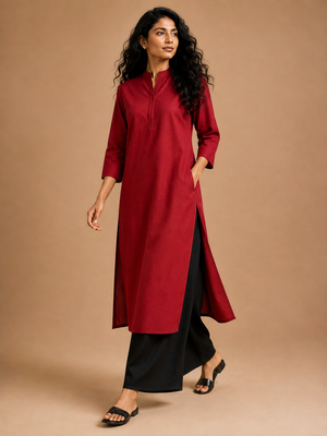 KANSO Women's Cotton Linen Long Kurta | Mandarin Collar Straight Fit Kurta with Pocket