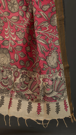 KALAMKARI | Collector's edition Rose' Pink floral Shawl-Handcrafted