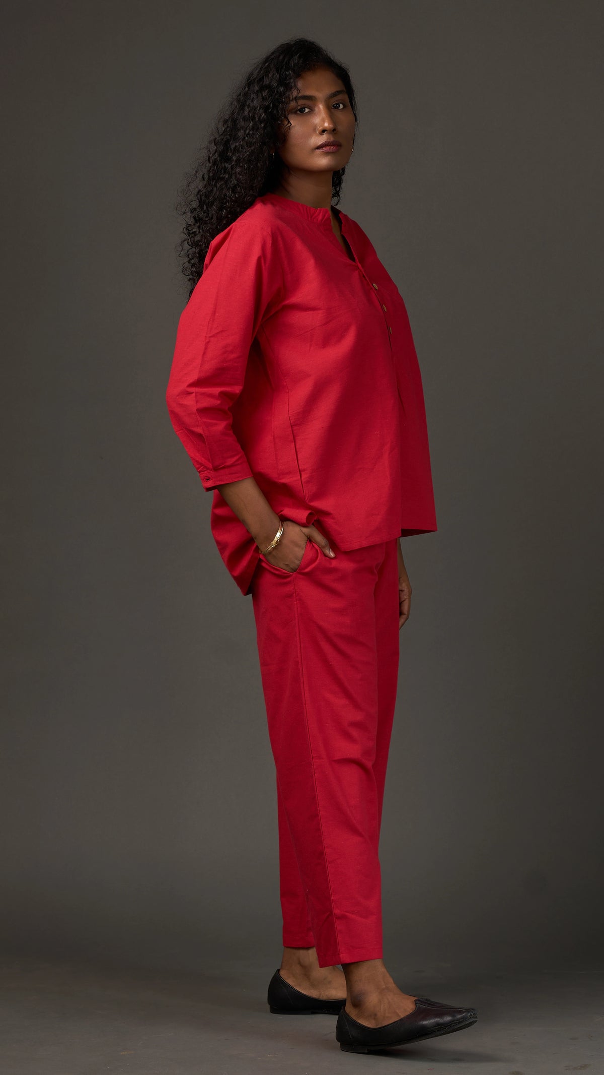 KANSO | Red Cotton Linen Mandarin Collar Tunic with Wooden Buttons