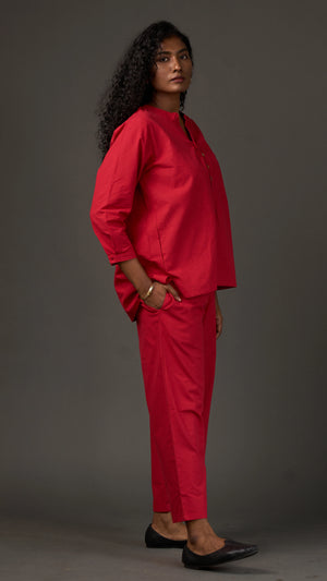 KANSO | Red Cotton Linen Mandarin Collar Tunic with Wooden Buttons