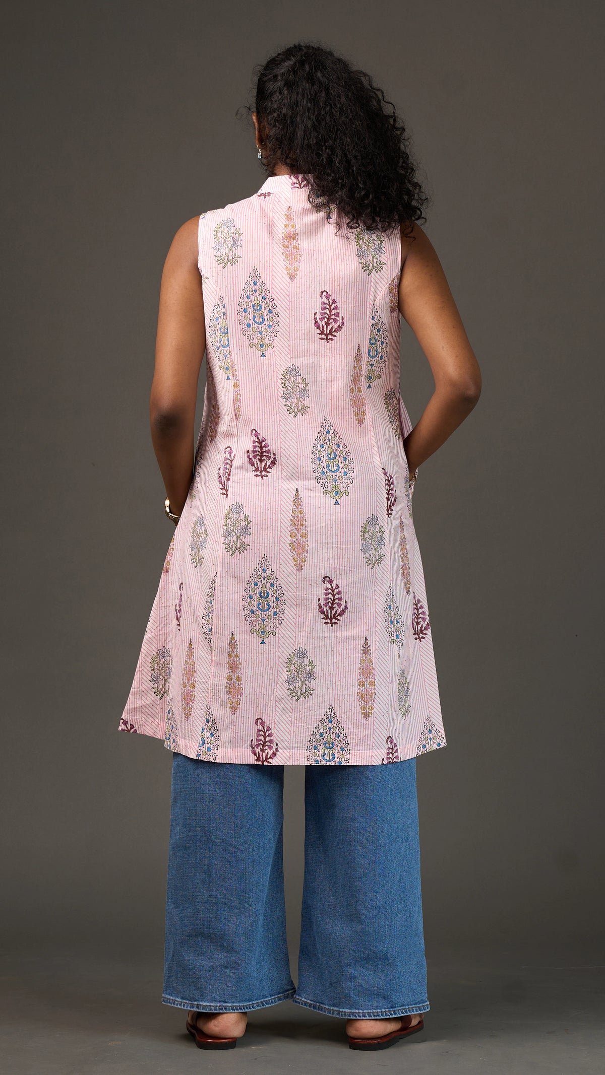 SANGANERI | Ivory Rose striped Floral Cotton sleeveless Shirt Dress