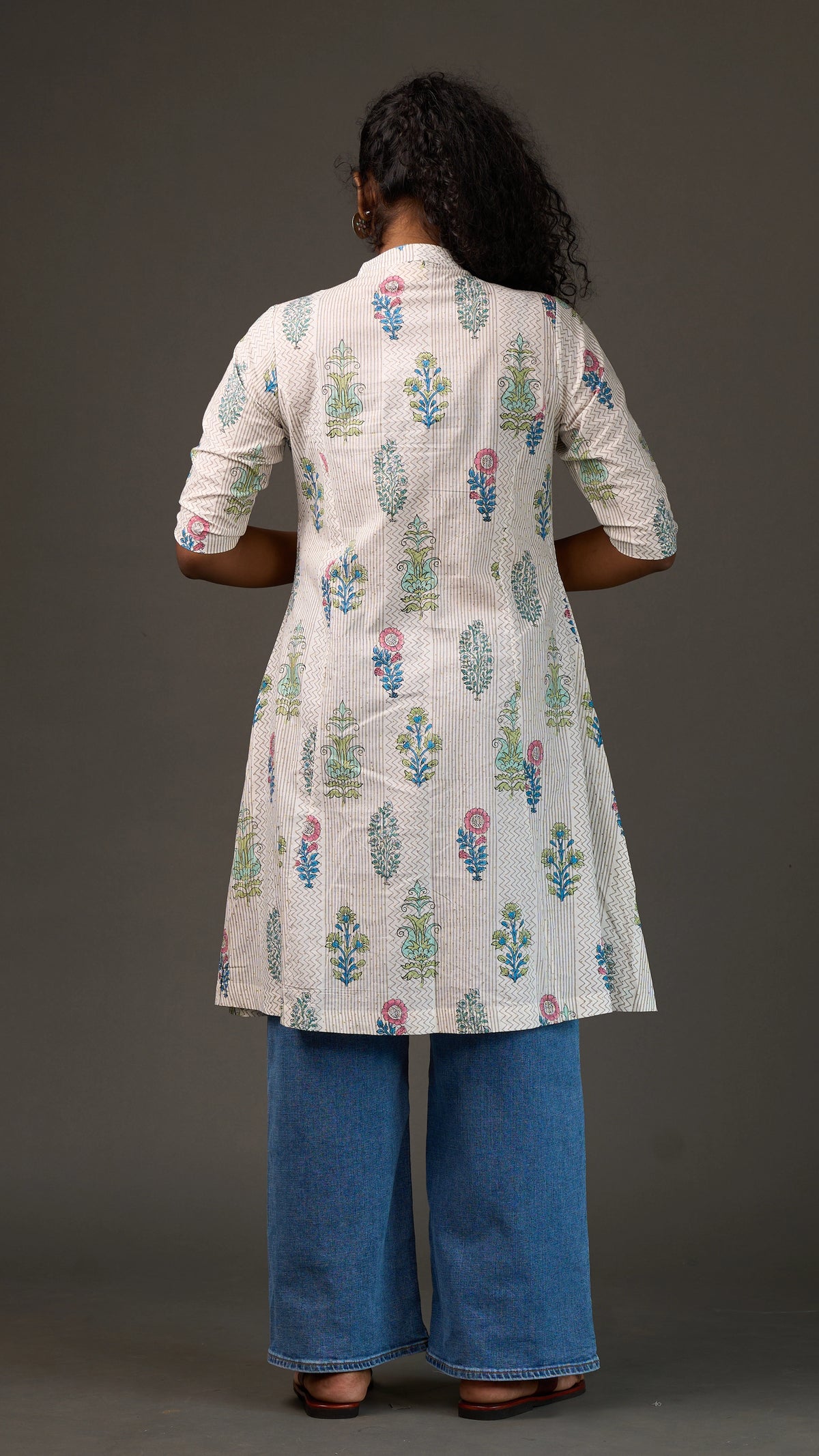 SANGANERI | Ivory Ash striped Floral Cotton Shirt Dress
