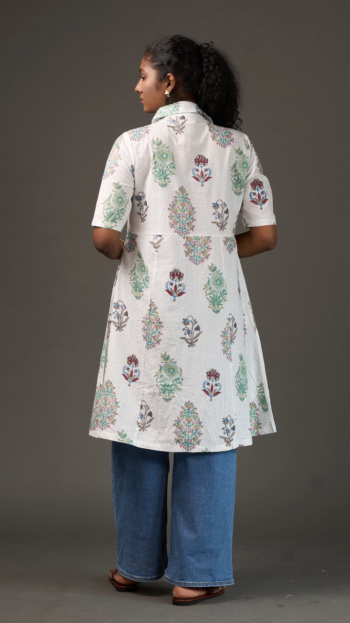 SANGANERI | Ivory Aqua striped Floral Cotton Shirt Dress