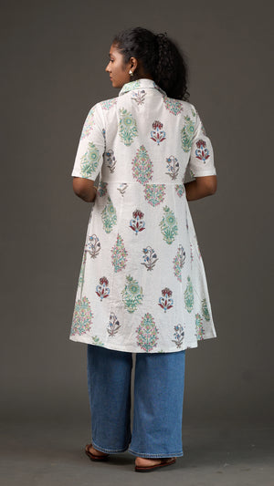 SANGANERI | Ivory Aqua striped Floral Cotton Shirt Dress