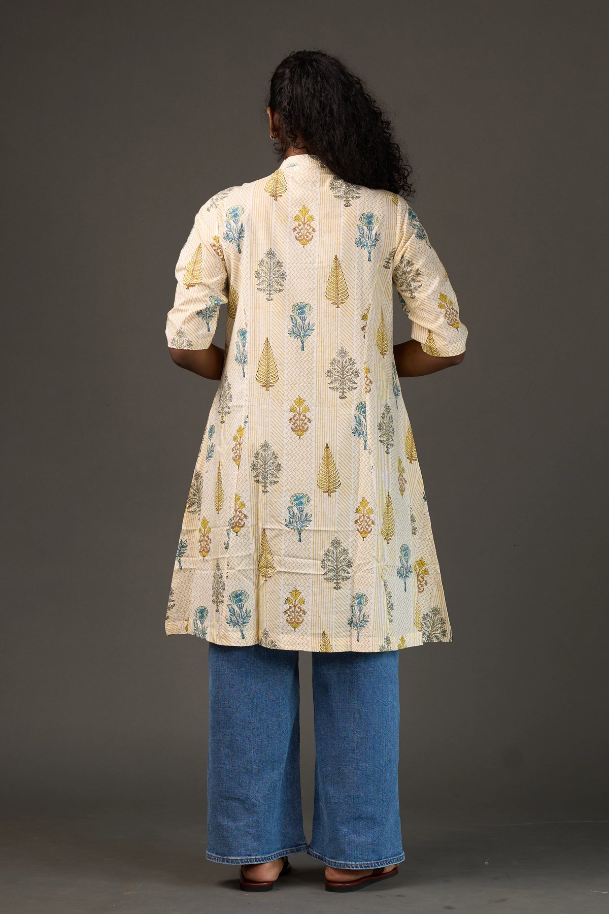 SANGANERI | Ivory Yellow striped Floral Cotton Tunic Dress