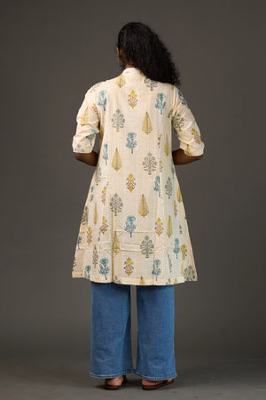 SANGANERI | Ivory Yellow striped Floral Cotton Tunic Dress