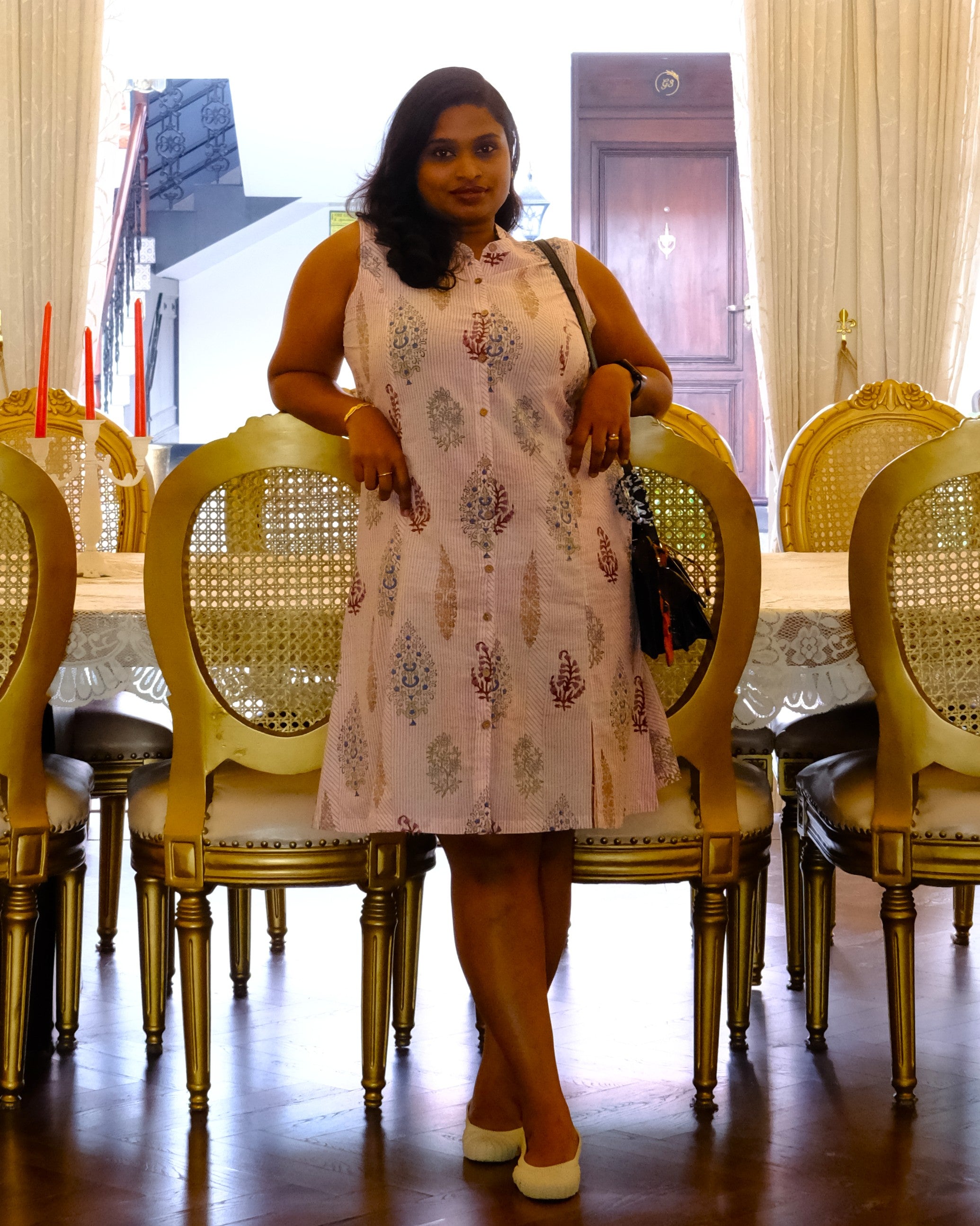 Sanganeri Hand Block Print Sleeveless A-Line Dress — Gulab Stripe | 100% Premium Cotton