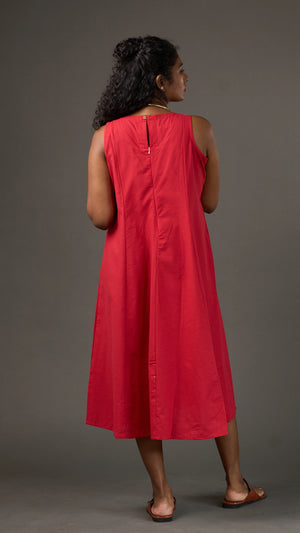 KANSO | Red Sleeveless Cotton Linen A-Line Midi Dress