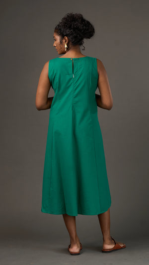 KANSO | Green Sleeveless Cotton Linen A-Line Midi Dress