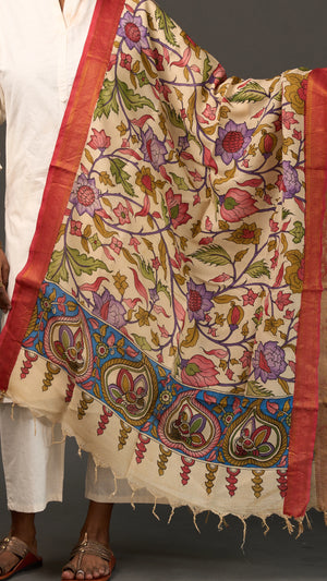 KALAMKARI | Collector's edition Ivory floral vine Shawl-Handcrafted