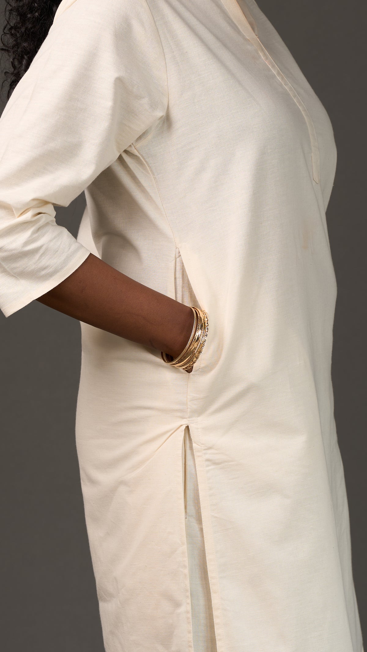 KANSO | White Cotton Linen Mandarin Collar long Kurta