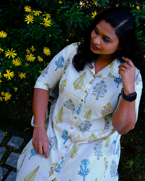 Sanganeri Hand Block Print A-Line Shirt Dress — Mustard Stripe | 100% Premium Cotton